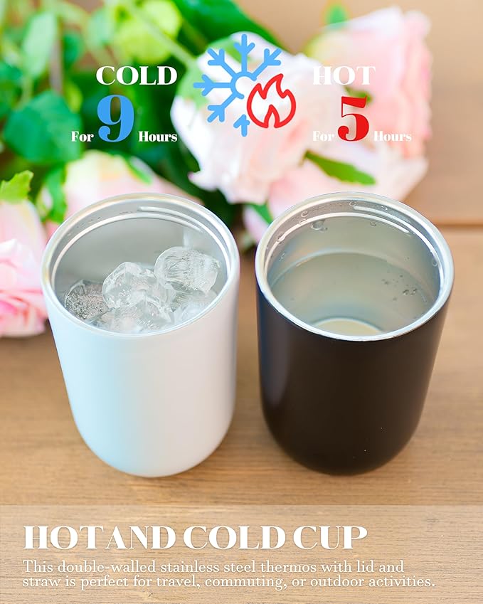 10 oz Insulated Coffee Tumblers, Travel Coffee Tumblers with Straw, Double-Wall Stainless Steel Tumbler, Leak Proof Tumbler, Reusable Cups with Lids for lced and Hot Drinks (Purple)