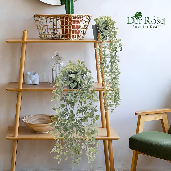 Der Rose 2Pcs Fake Plants Hanging Artificial Decor Faux Potted Eucalyptus and - Image 2