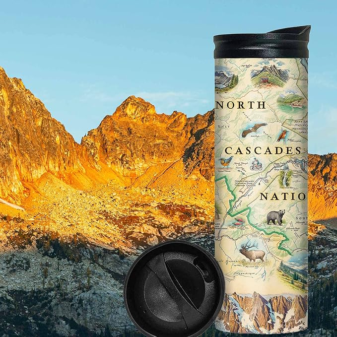 Xplorer Maps Washington's North Cascades National Park Map 16 Oz Travel Drinkware with Spill-Resistant Lid - Stainless Steel Vacuum Insulated Coffee Tumbler