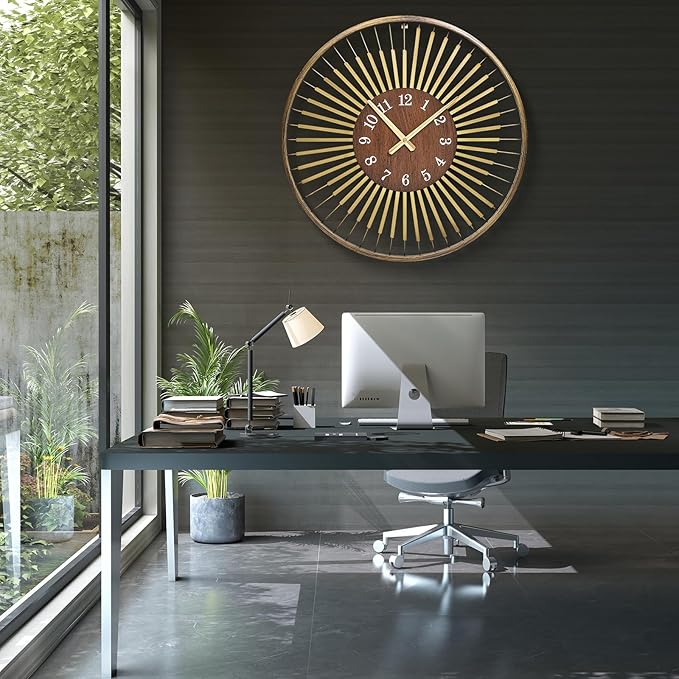 24 Inch Mid-Century Modern Wall Clock, Round Frame Metal Design - Image 3