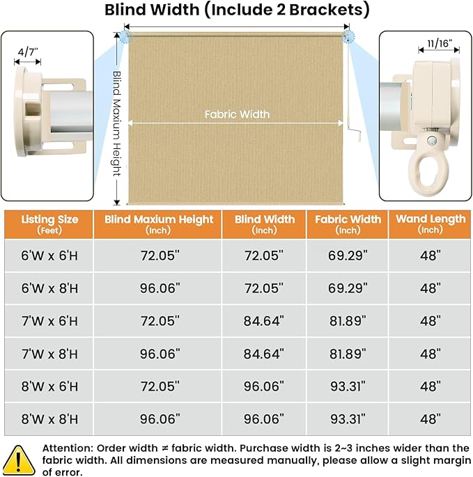 6'W x 8'H Sesame Patio Shades Roll up Outdoor Roller Shade Crank Wand Blind - Image 7