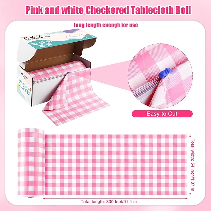 Kochorie 54 Inch x 300 Ft Light Pink Checkered Plastic Table Cloth Roll - Image 2