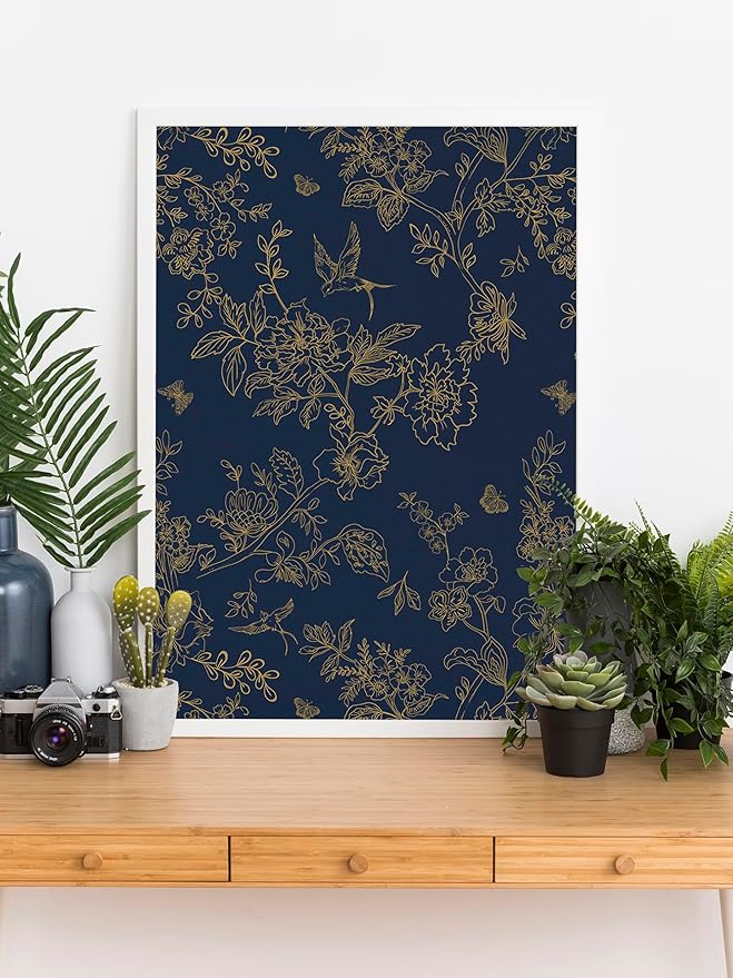 Froluya Dark Blue and Gold Vintage Floral Peel and Stick Wallpaper 17.7"x393.7" - Image 9