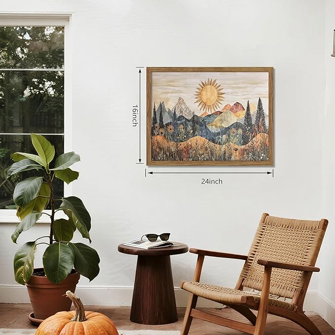 Framed Boho Sun Canvas Wall Art, Modern Abstract Mountain Landscape Painting - Image 3