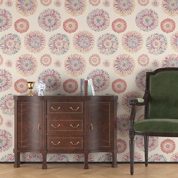 Boho Wallpaper Peel and Stick, Vintage Circle Floral Contact Paper, Abstact - Image 4