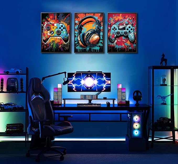 3Pcs Framed Cool Gaming Wall Art Retro Video Gamer watercolor Posters Pictures - Image 5