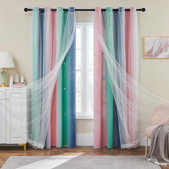 XiDi Curtains for Bedroom Decor, Rainbow Pinkgreen grey34/96 by Addsomecolortolife