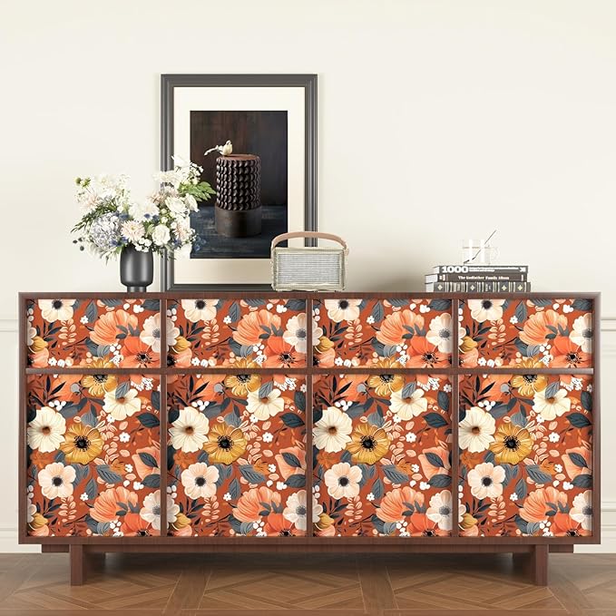 BOKEBEVE Orange Wallpaper Peel and Stick Retro Floral Contact Paper Self - Image 5