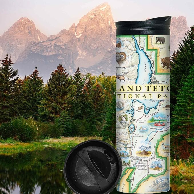 Xplorer Maps Grand Teton National Park Map 16 Oz Travel Drinkware with Spill-Resistant Lid - Stainless Steel Vacuum Insulated Coffee Tumbler