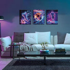 Cool Soccer Gaming Wall Art Set of 3, Neon Video Gamer Canvas Pictures - Image 2