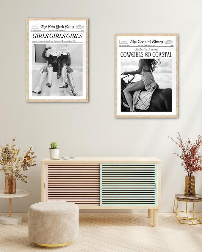 iHery Cowgirls Go Coastal Small Framed NewsPaper Canvas Wall Art, Natural OAK - Image 6