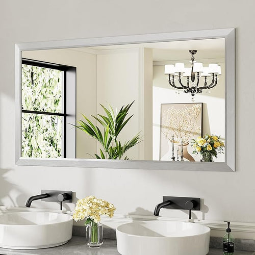 55x30 Inch Brushed Silver Bathroom Mirror by Briivuemodernmirrors
