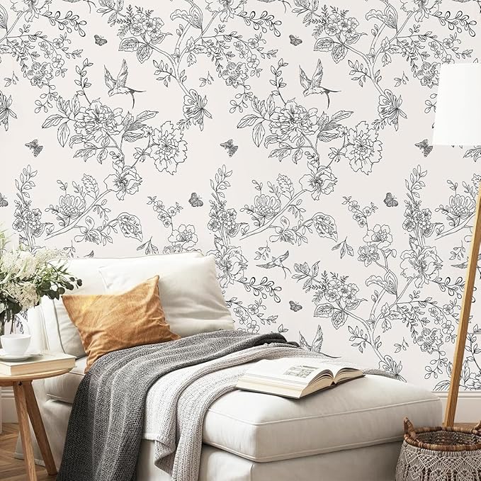 Froluya Black and Cream White Floral Wallpaper Peel and Stick Wallpaper - Image 7