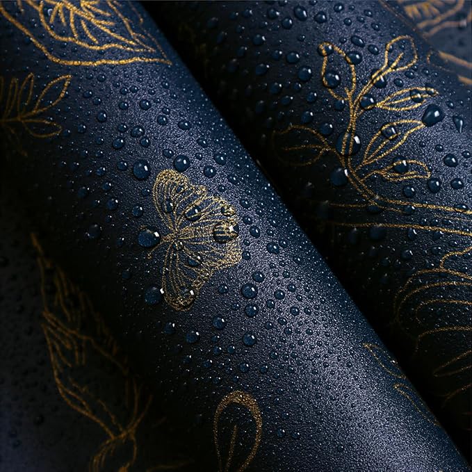 Froluya Dark Blue and Gold Vintage Floral Peel and Stick Wallpaper 17.7"x393.7" - Image 4