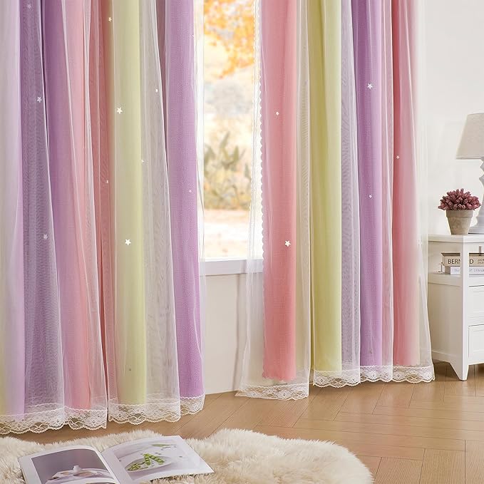 XiDi Pink Curtains for Bedroom Decor Blackout Curtains for Girl Room Rainbow - Image 3
