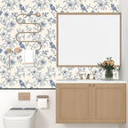 Beige Wallpaper Peel and Stick Blue Floral Bird Vintage Contact Paper 17.5" x - Image 4