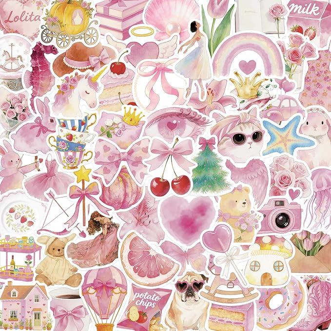 100 PCS Girl's Pink Aesthetic Stickers, Waterproof Vinyl Stickers for Water Bottles,Laptop Scrapbook Journaling Decorative Decals for Kids Teens Woman Adults