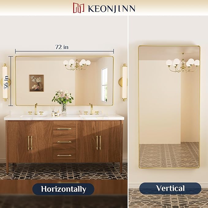 Keonjinn Brushed Gold Bathroom Mirror 72” x 36” Large Gold Bathroom Vanity - Image 7