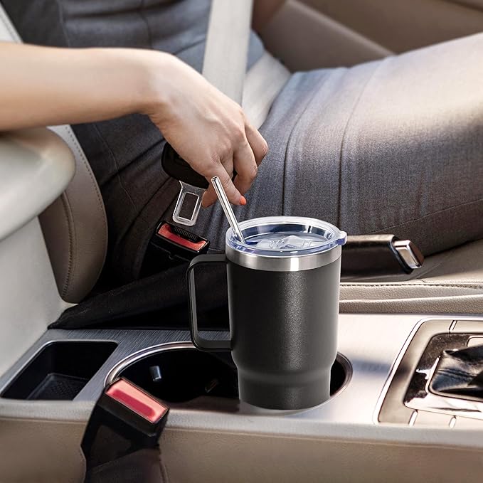 20 oz Tumbler with Handle, insulated cup coffee mug with lid, straw and handle, Double Wall Stainless Steel Vacuum Coffee Tumbler travel mug spill proof, 1pcs Black