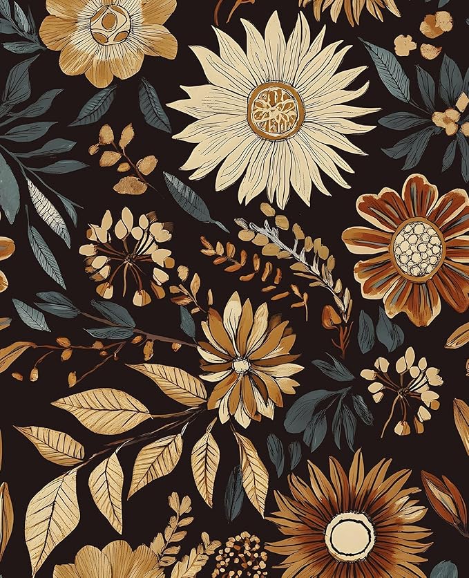 Boho Floral Wallpaper Peel and Stick, Vintage Dark Sunflower Contact Paper by VOLEAARWALLPAPER