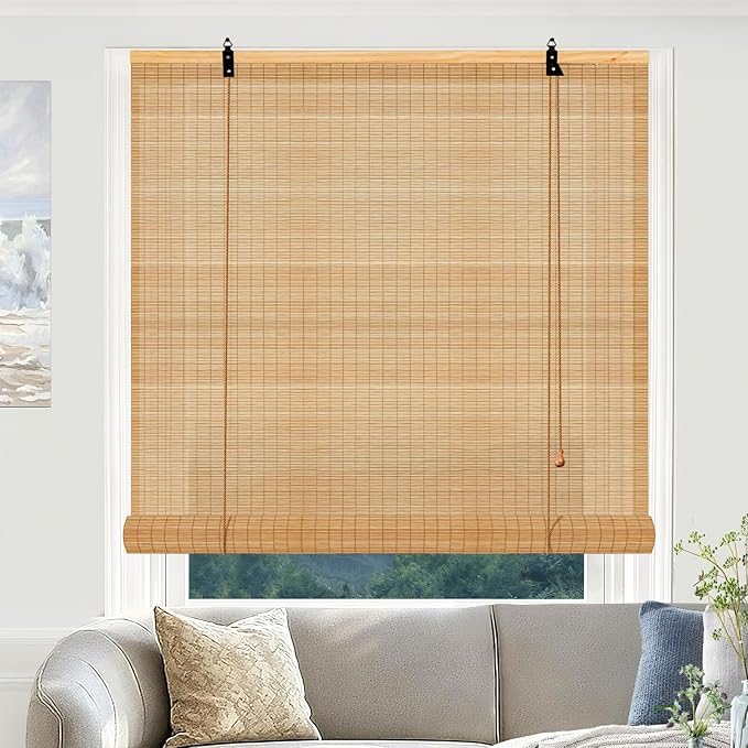 Bamboo Roll Up Shades for Windows 32Wx72L, Light Filtering Hanging Window Blinds by Vteyeya