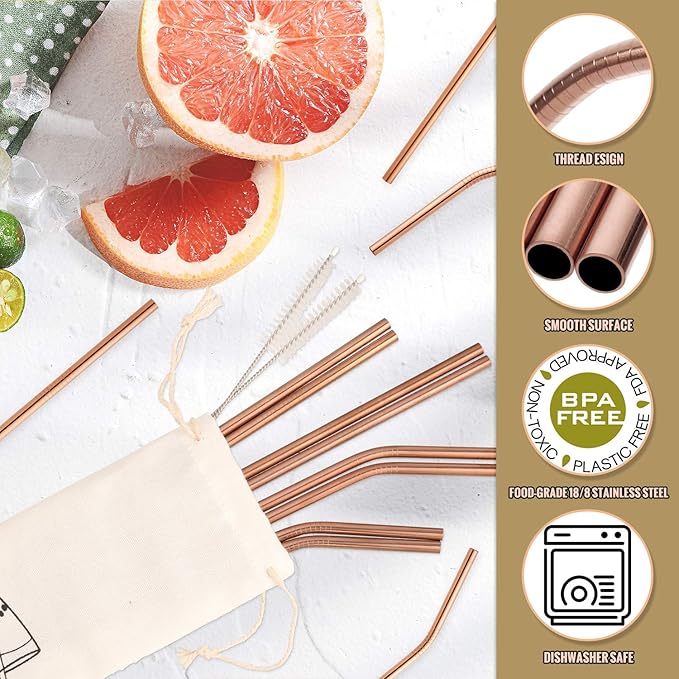 Hiware 12-Pack Rose Gold Metal Straws Reusable with Case - Stainless Steel Drinking Straws for 30oz and 20oz Tumblers Dishwasher Safe, 2 Brushes Included