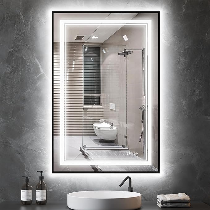 LED Bathroom Mirror with Front and Backlit 24"x36", Wall Mounted, Dual LED by OUMUSUMIRROR