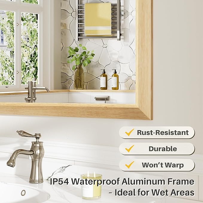 24x32 Inch Bathroom Mirror for Wall, Anti-Rust Oak Wood Grain Metal Framed - Image 4