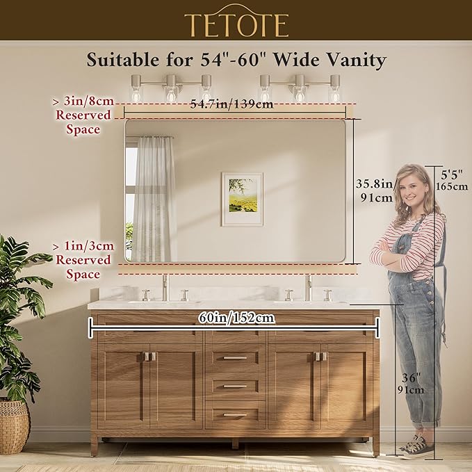 TETOTE 55 x 36 Inch Bathroom Mirror, Brushed Brass Gold Vanity Mirror, Modern - Image 8