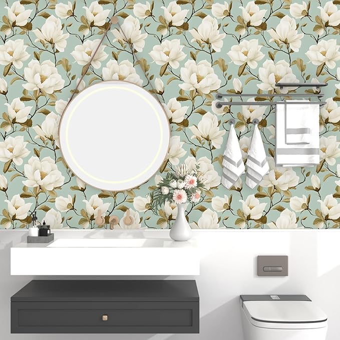 Modern Green White Flowers Wallpaper Blue Floral Peel and Stick Contact Paper - Image 8