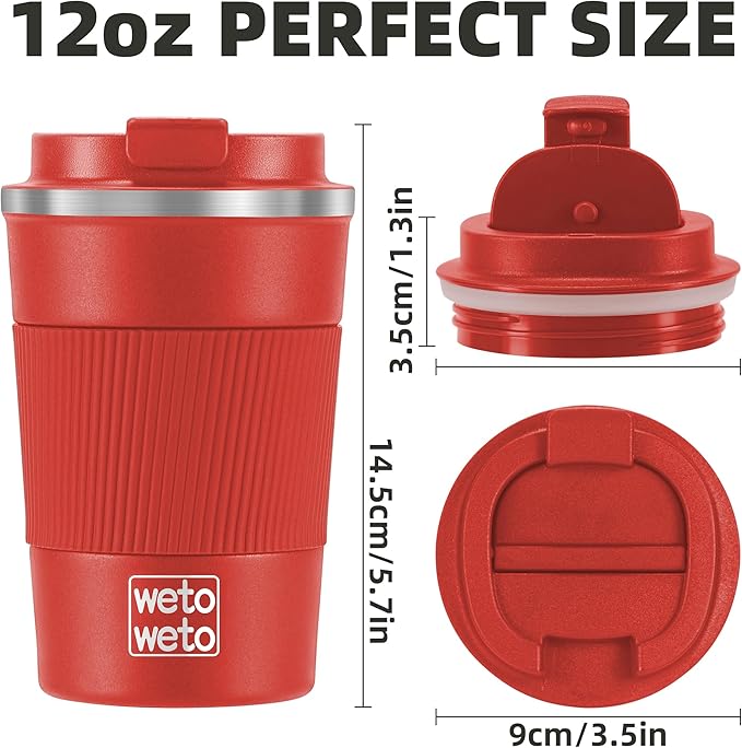 WETOWETO 12oz Reusable Coffee Cup, Coffee Travel Mug with Lid, Spill Proof Thermal Mug, Double-Walled Insulated Cup, Stainless Steel Portable Cup for Hot and Cold Drinks(Red)
