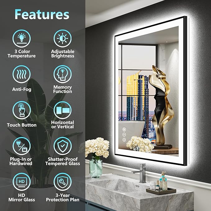 36x36 Black Framed LED Bathroom Mirror - Image 2