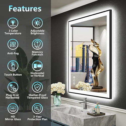 24x36 Black Framed LED Bathroom Mirror - Image 2