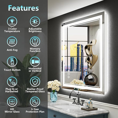 24x36 LED Bathroom Mirror with Lights, Backlit and Front Lit Anti-Fog Lighted - Image 2