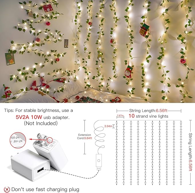 suddus Vines with Lights, 200 LED Fairy Lights with Vines, Pothos Curtain - Image 2