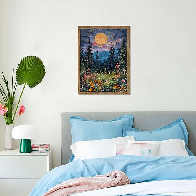 Framed Nature Forest Canvas Wall Art, Full Moon above Wildflowers and Woodland - Image 8