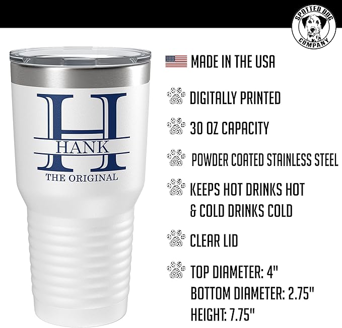 Personalized Printed 30oz Insulated Powder Coated Stainless Steel Tumbler with Lid, Custom Printed, White, Halpert