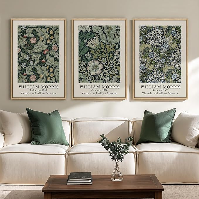 Large Framed William Morris Green Wall Art, 3 Piece Vintage Floral Canvas Prints by Cuspin