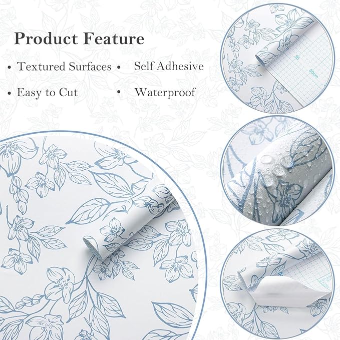 Ismoon Peel and Stick Wallpaper Blue and White Contact Paper Modern Flroal Wall - Image 2