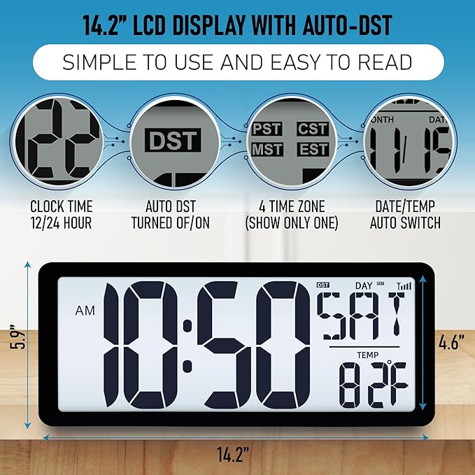 TXL Atomic Clock with Backlight, 14.2" Large Digital Wall Clock Battery Operated - Image 4