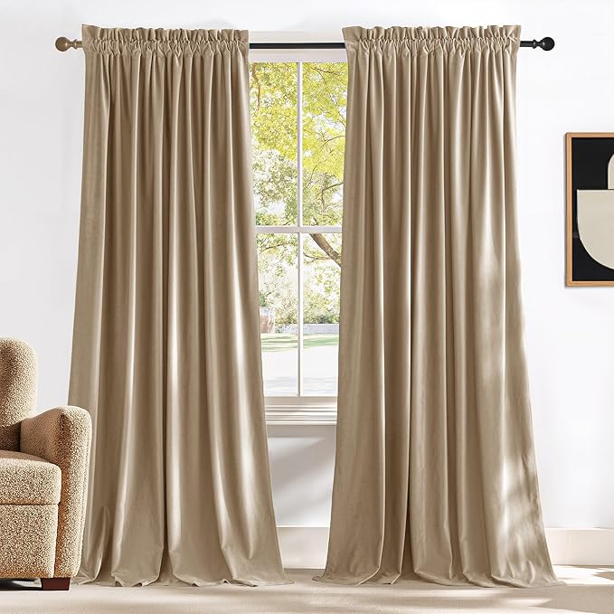 NICETOWN Beige Velvet Curtains 102 inches Long 52 inch Wide 2 Panels, Luxury by NICETOWN