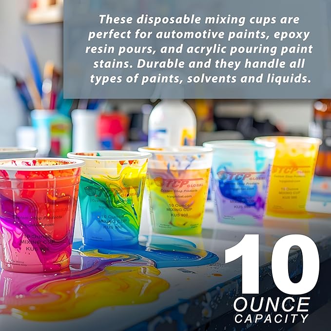 Custom Shop Paint Mixing Cups, 10-Ounce (12 Pack) - Plastic Measuring Cups for Liquids, Automotive Painting, Epoxy Resin, Acrylic Arts, Crafts, Disposable or Reusable, Graduated, Mixing Ratios