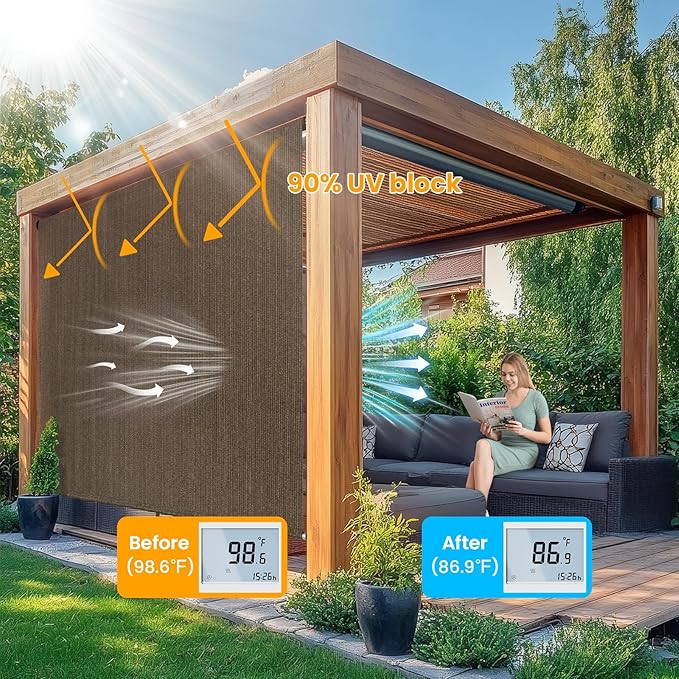6'W x 8'H Mocha Patio Shades Roll up Outdoor Roller Shade Crank Wand Blind - Image 2