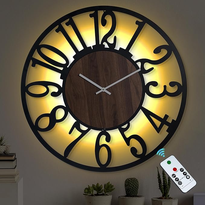 LEIKE Large Wall Clock 32'' Lighted Rustic Wood Clock by LEIKEWALLCLOCK