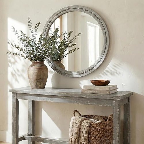 30 Inch Round Farmhouse Mirror for Bathroom Vanity, Distressed Grey Solid Wood - Image 2