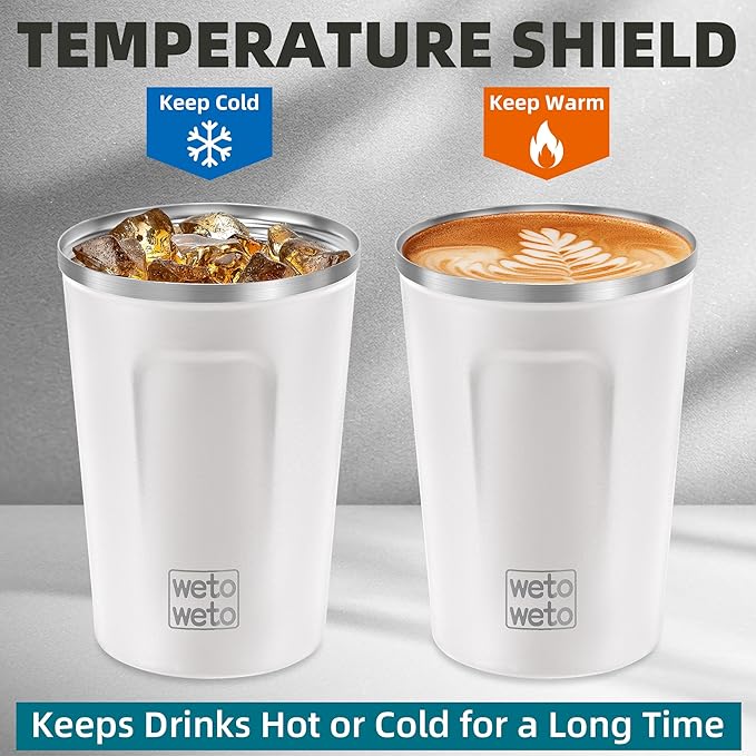 WETOWETO 12oz Reusable Coffee Cup, Coffee Travel Mug with Lid, Spill Proof Thermal Mug, Double-Walled Insulated Cup, Stainless Steel Portable Cup for Hot and Cold Drinks(White)