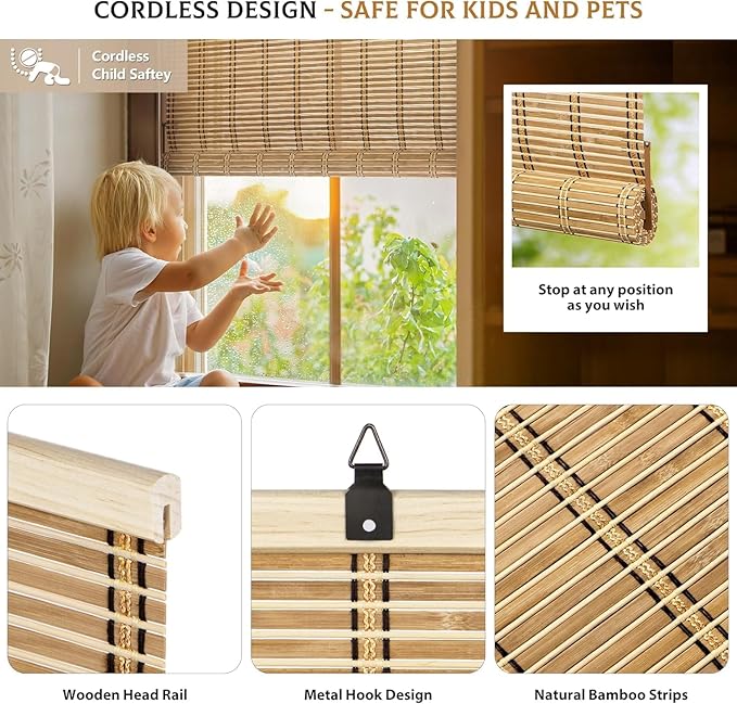 LazBlinds Cordless Bamboo Blinds, Natural Light Filtering Roll Up Shades - Image 2