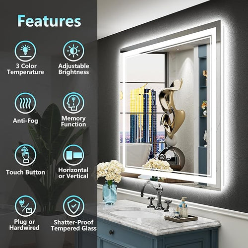 36x36 LED Bathroom Mirror with Lights, Backlit and Front Lit Anti-Fog Lighted - Image 2