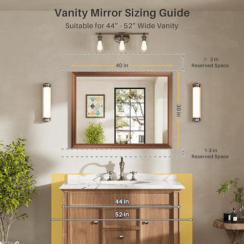40x30 Inch Bathroom Mirror for Wall, Anti-Rust Walnut Wood Grain Metal Framed - Image 2
