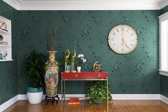 Erfoni 394"x17.7" Dark Green Floral Embossed Wallpaper - Image 6